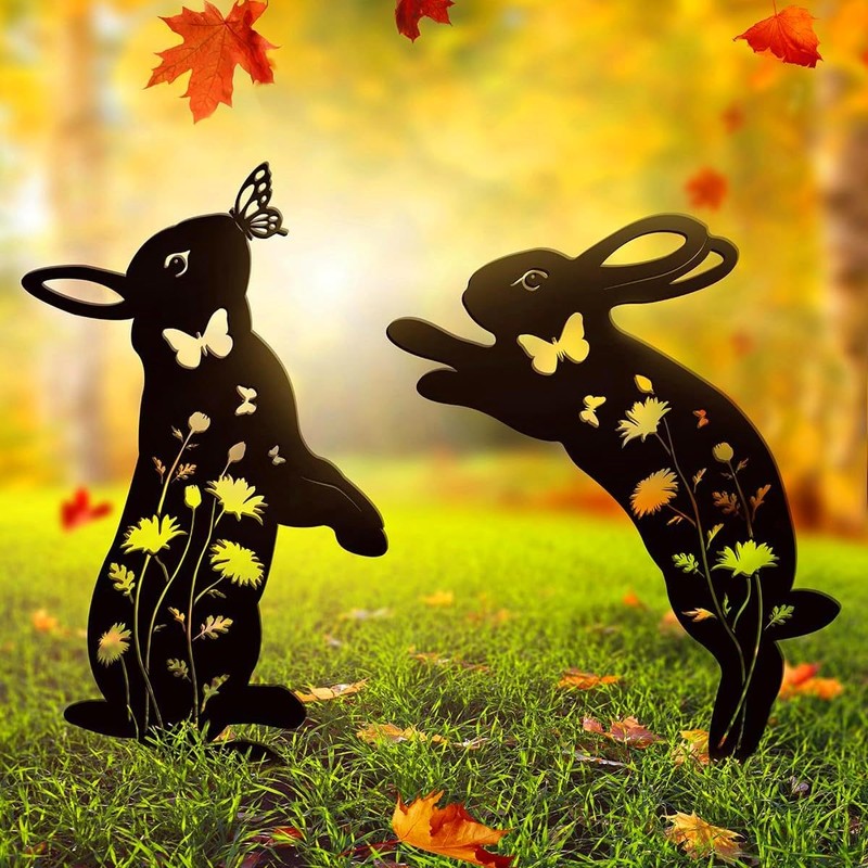 Rabbit Metal Garden Stakes Decorative,2 Pack Black Jump Rabbit Silhouette