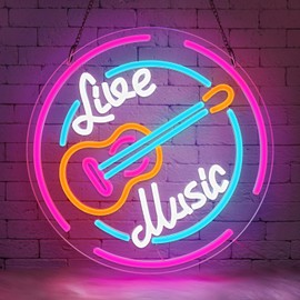 Sneignon Live Music Neon Sign,CD and Guitar Neon Sign,Coloful LED Sign,USB Powered with Dimmable Switch,Neon Signs for Wall Decor for Bar,Music Studio,Nightclub,Party Decor