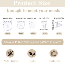 220pcs Clear Piercing Discs for Piercing Bump, 3/5/7/9 mm Transparent Silicone Earring Disc Pads Earlobe Support Stabilizer and 100pcs Bullet Earring Safety Backs for Heavy Earrings
