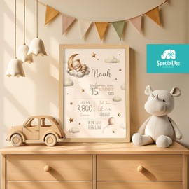 SpecialMe® Baby Poster personalisiert mit Geburtsdaten – Geburtsposter mit Teddybär, Wolken & Sternen – Name Datum Größe Gewicht – Geschenk zur Geburt