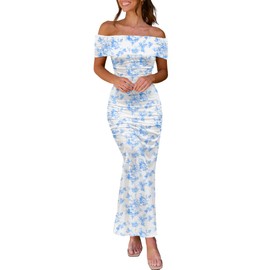 LUXVEER Women's 2025 Summer Mesh Floral Ruched Bodycon Maxi Dress Elegant Cocktail Party Foraml Wedding Guest Dresses Blue