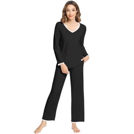 NACHILA Women's Pajamas-Viscose Made from Bamboo, Long Sleeve Pajama Set Soft Pjs Pant Comfy V Neck Sleepwear for Ladies Black L
