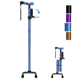 KingPavonini Walking Cane for Women/Men with Second Handle, Foldable & Adjustable Quad Cane with 4-Pronged Base for Standing, Lightweight Walking Aid for Seniors & Adults