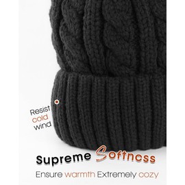FURTALK Winter Beanie Knit Hat for Women Warm Fleece Lined with Faux Fur Pom Poms Womens Thick Ski Hats Knitted Skull Cap Black with Black Pom