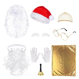 baotongle Santa Claus Beard and Wig Set for Adult Men Santa Costume Accessories Beard Wig Eyebrows Hat Glasses Gloves Satin Gift Bags Hand Bell Perfect for Holiday Celebrations Parties Festive Events