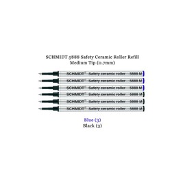 Schmidt 5888 M Safety Ceramic Rollerball Metal Refill - Blue(3), Black(3), Ink (Medium Tip 0.7mm) - Pack of 6