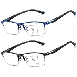 CARA Ultra Lightweight Progressive Multifocus Reading Glasses Men, Metal Frame Flexible TR90 Bi-color Temples with Blue Light/UV400 Protection Multifocal Computer Readers(Black+Blue, +2.50)