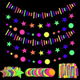 Guirnalda de papel de neón UV de 95 pies, kit rectangular de estrella de punto redondo, pancarta de decoración de neón para suministros de fiesta resplandor, reactiva a los rayos UV que brilla en la