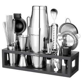 HMYBAR® Mixology Bartender kit | Cocktail Shaker Set | Boston Shaker Set, 20/28 OZ | Martini Making Set for Home Bar. Total 31 pcs incl 39-Recipe Cocktail Cards. Silver Tools. Bamb Stand Black Color