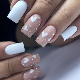 Valentine's Day Press on Nails Medium Square Fake Nails With White Heart Rhinestones Designs Valentines Day White False Nails Matte Full Cover Stick on Nails Romantic Artificial Nails for Women 24 Pcs