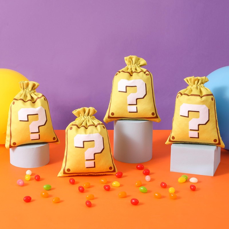 RICHNESS 16pcs Video Game Party Favor Bags Question Mark Drawstring