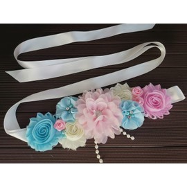 Maternity sash handmade flower sash for baby shower (Pink blue)