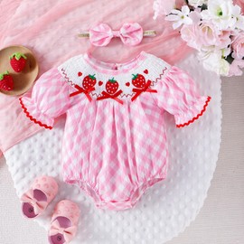 FOCICI Baby Girl Clothes 6-9 Months Infant Smocked Romper Plaid Strawberry Embroidery Short Sleeve Bubble Bodysuit + Cute Bow Headband Summer Outfits Pink 6-9 Months