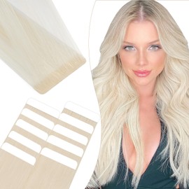Elailite Tape Extensions, Real Hair, #60 Platinum Blonde, Pack of 10, Invisible Glue Hair Extensions, 20 g, 30 cm, Sewn Hair, Straight, Invisible
