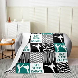 Feelyou Karate Decor Fuzzy Blanket Throw 50"x60" Modern Geometric Fuzzy Blanket Martial Art Flannel Fleece Throw Blanket Karate Blue Green Plush Blanket for Boys Girls Kids Adults