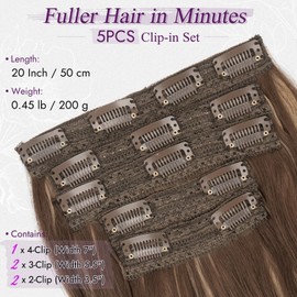 BARSDAR Clip-In Hair Extensions Highlight, 50 cm, 5 Pieces, Wavy Clip-In Extensions for Women, Natural Hair Extensions, Synthetic Hairpiece, Hair Extensions - Brown with Honey Blonde
