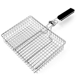 BBQ Grilling Basket, Portable Folding Barbecue Basket, Stainless Steel Outdoor Grilling Net with Detachable Handle for Fish Vegetable Meat Shrimp (31 x 24cm)