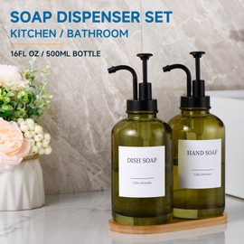 Glass Soap Dispenser with Pump, Dish and Hand Soap Dispenser for Kitchen Bathroom Set, Clear Glass Dispenser Set of 2 Pack with 18 Stickers Funnel Bamboo Tray 500ml 18oz Green