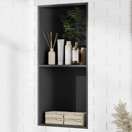 Bathbliss Shower Niche, No‑Tile Recessed Wall Niche, 11.18"x22.3" SUS304 Stainless Steel Shelf, Leak‑Proof Waterproof for Bathroom Storage, Matte Black Shower Niche