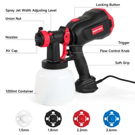 Eastvolt Paint Sprayer, 750 Watt High Power HVLP Electric Spray Gun with 4 Nozzles, 3 Spray Patterns, 1200ml Container, Viscosity Measuring Cup and Cleaning Set