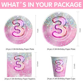 HIPVVILD Pink 3rd Birthday Decorations Tableware, Girl Third Birthday Party Supplies, Plate, Cup, Napkin, Tablecloth, Cutlery, Glitter Diamond 3-Year-Old Birthday Table Decorations, Serves 24