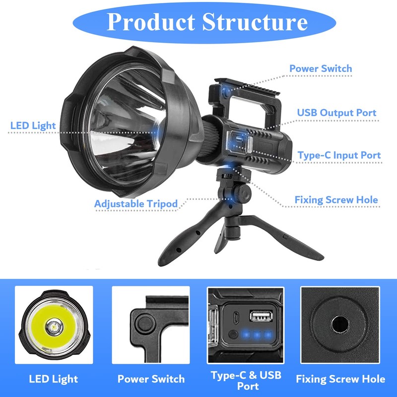 Rechargeable Spotlight, 3,000,000L High Lumens Led Spot Lights Outdoor Handheld
