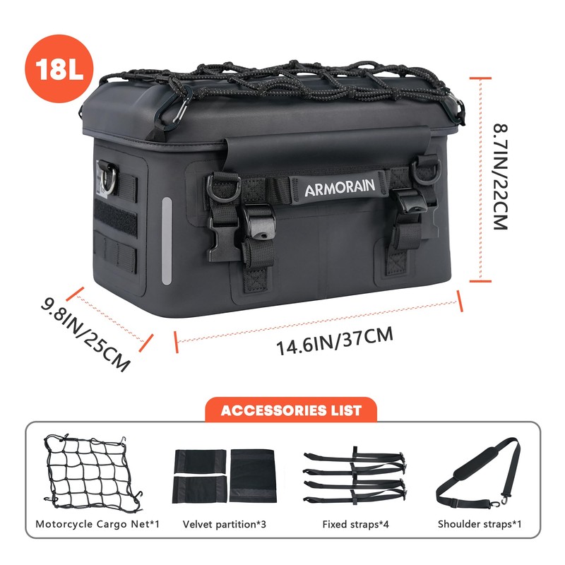 ARMORIAN Motorcycle Tail Luggage Bag Waterproof 18L Near Rack Trunk