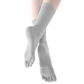 Dress Cici 5 Toe Yoga Socks, Mid Calf Cotton Pilates Socks, Non Slip Crew Grip Socks (3 Set: Black+Grey+White)