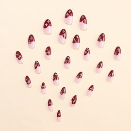 KKUUOO Christmas Press on Nails Wine Red Almond Fake Nails French False Nails with Snowflake & Rhinestone Designs Glossy Acrylic Nails Jelly Press on Nails for Women and Girls Xmas Manicure 24Pcs
