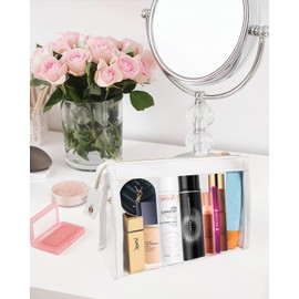 Small Clear Makeup Bag, Waterproof Clear Travel Toiletry Bag Case Clear Cosmetic Bag with Zipper Small Clear Makeup Pouch Clear Travel Bags for Toiletries Travel Essentials Car Organizer (White)