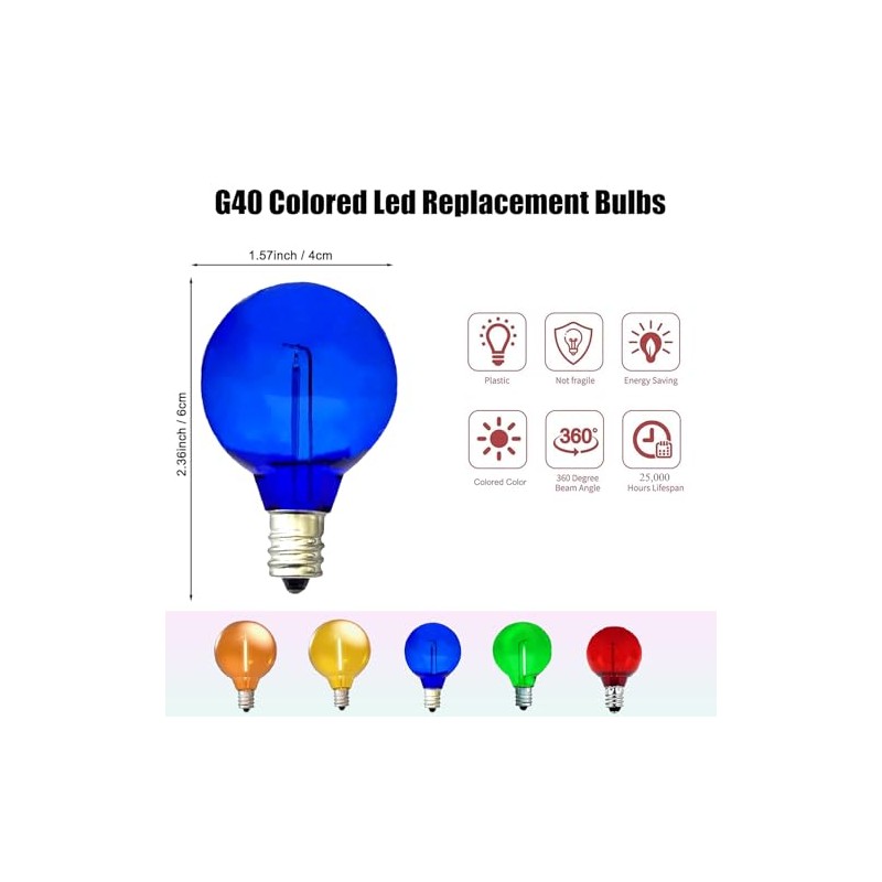 YFALATSTNRK 5 Pack Blue G40 LED Christmas Replacement Light Bulbs
