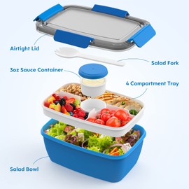 Cherrysea 2Pack Salad Lunch Container, 68oz Salad Bowls with 4 Compartments Tray,Leak Proof Lunch Box with Fork for Men,Women BPA-Free Snack Container with Sauce Container for Dressings - Blue