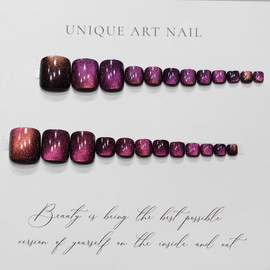 Purple Press on Toenails Cat Eye Fake Toe Nails Glitter Glue on Toenails Full Cover Glossy Acrylic Toe Nails Reusable Solid Color Summer Beach False Toenails Stick on Toenails for Women Manicure 24Pcs