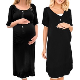 UoQo Nursing Nightdress Soft Maternity Breastfeeding Nightwear Ruffle Hem Labour Nightie Birthing Gown Pyjamas for Women Hospital Bag Pregnancy Essentials