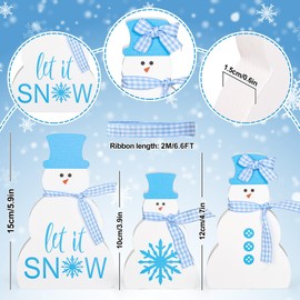 Whaline 3Pcs Christmas Snowman Wooden Decoration Blue Winter Snowman Table Centerpiece with Plaid Ribbon Xmas Rustic Tired Tray Block For Home Party Tabletop