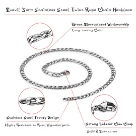 Evevil 5mm Mens Chain Necklace Color Silver Chain For Men Stainless Steel Figaro Chain Necklace (32 inches)
