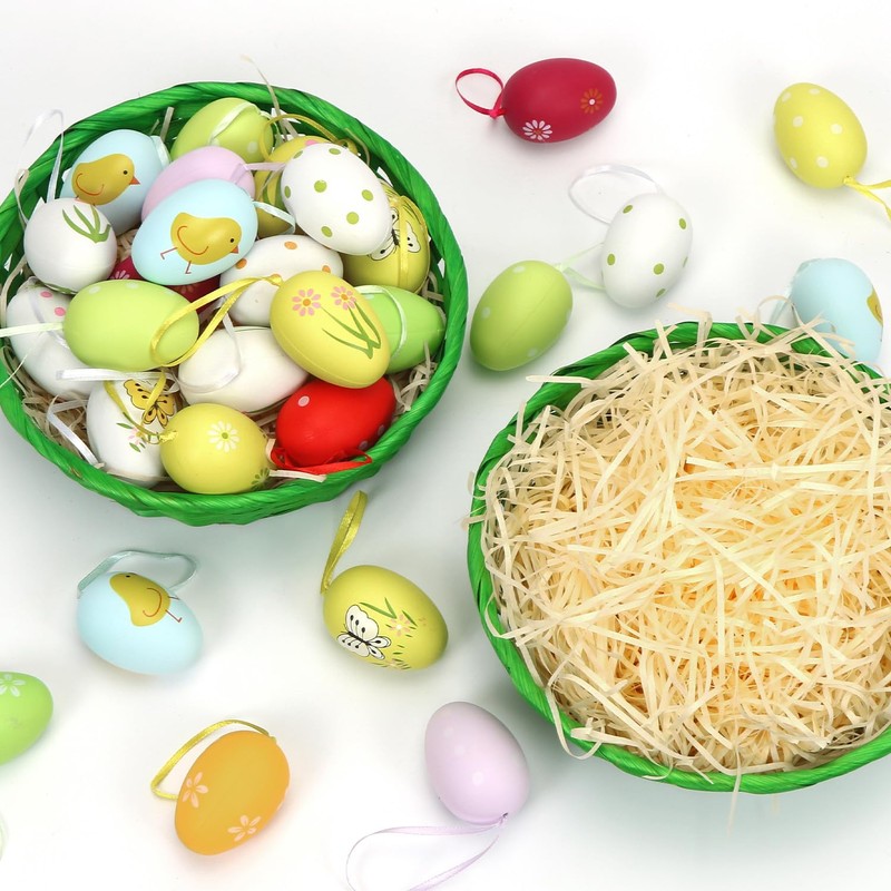 Epokus 4 Green Easter Baskets with Wood Colour Grass, Easter