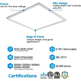 2x2 FT Edge-Lit Frame LED Panel Lights,5CCT Selectable 3000K-6500K, 2600/3900/5200LM,20W/30W/40W Switch, Grid Drop Ceiling Lights,0-10V Dimmable, Damp Rated,100-277V,ETL Listed (2X2 Edge - 4 Pack)