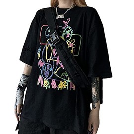 Women Summer Gothic T-shirt Anime Aesthetic Print Harajuku Fashion Casual Tops (Black, M)