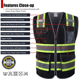 HATAUNKI Reflective Safety Vest for Men Women Hi Vis Vest with 9 Pockets High Visibility Mesh Reflective Vest Meets ANSI/ISEA 107-2015 (Black-04, 2X-Large)