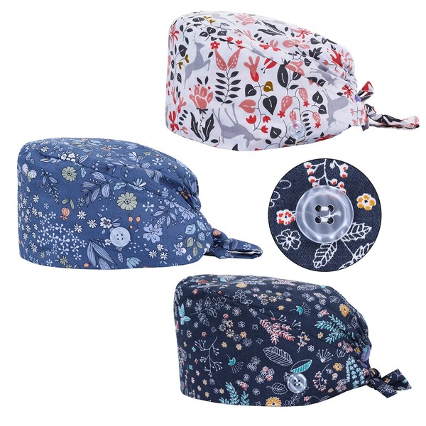 Pack of 3 Surgical Cap, Fabric Nurse Cap, Adjustable Surgical Hat, Buttons, Adjustable Work Cap with Sweatband Hoods, Bag Caps, Cotton Dust Cap, Printed Turban Hat