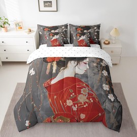 Feelyou Kids Japan Geisha Comforter Set Queen Size 7 Pieces Cherry Blossoms Bedding Set Japanese Style Japanese Tradition Aesthetic Bed in a Bag with Comforter, Sheets, Pillowcases & Cushion Cover