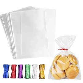 LEOSINDA 200 Pcs Clear Cellophane Bags, 5 X 7 Inches Cello Cellophane Treat Bags with 6 Types Twist Ties for Gift Wrapping,Packaging Candies,Dessert,Bakery, Cookies, Chocolate,Party Favor