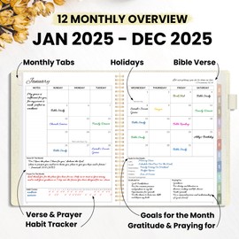 2025 Christian Planner - 12 Month Bible Journal and Prayer Planner 9"x11.2" Spiral Bound, Monthly & Weekly Christian Organizer Gifts for Women Men (Beige)