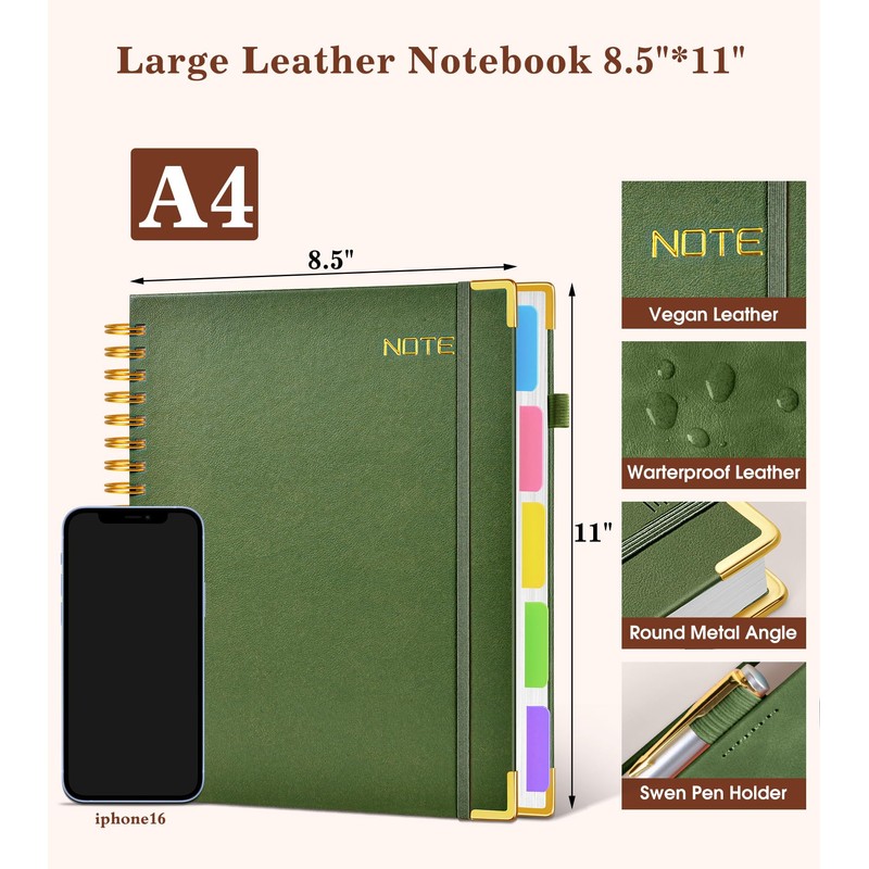Hardcover Large Spiral Notebook 8.5" x 11" with Removable Dividers