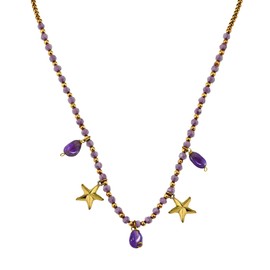 AeraVida Beach Lover Starfish Seashore Dangle Amethyst and Brass Beads Boho Necklace