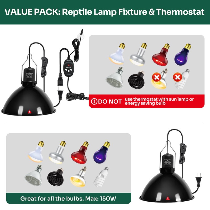 REPTI ZOO Reptile Light Fixture Dimming Thermostat Combo Pack, 8.5