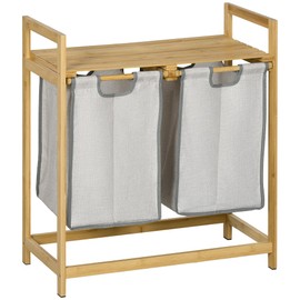 HOMCOM Double Laundry Hamper 2 Section Bamboo Laundry Basket with Storage Shelf 2 Removable and Pull-Out Bags for Bathroom Bedroom Laundry Room 2 x 10.7 Gallons Natural Wood and Dark Gray
