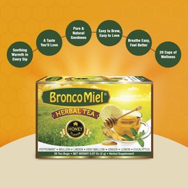 BRONCOMIEL Tea Bags – Honey Herbal Tea for Coughing and Soreness – Eucalyptus, Ginger and Lemon Tea – Sweet Honey Flavor – Easy to Prepare – Herbal Tea Supplement