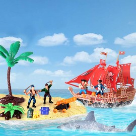 Pirate Ship Toys Pirate Vessel Plastic Action Figures PlaySet Educational Learning Toys with Shark,Trees,Cannon,Boat and Other Accessories for Kids Boys Girls